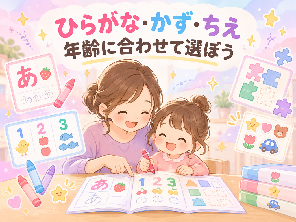 ひらがな・数字・パズルのワークに親子で取り組むイラスト「ひらがな・かず・ちえ 年齢に合わせて選ぼう」