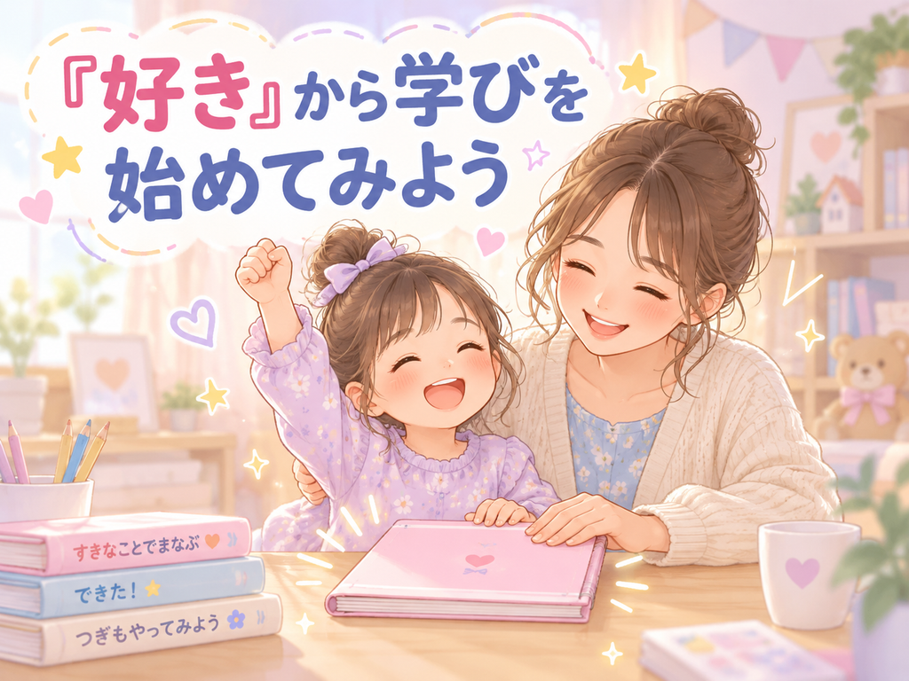 ドリルを前に笑顔で手を挙げる女の子とママのイラスト「『好き』から学びを始めてみよう」