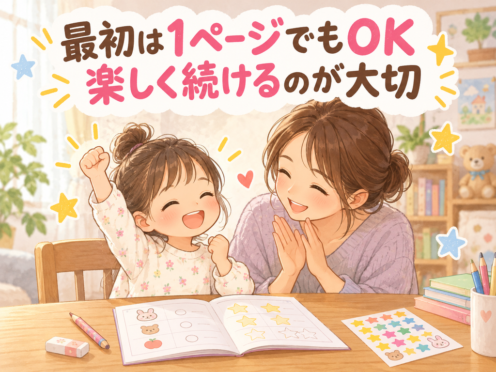 シールを貼ったドリルの前でガッツポーズをする女の子と拍手するママのイラスト「最初は1ページでもOK 楽しく続けるのが大切」