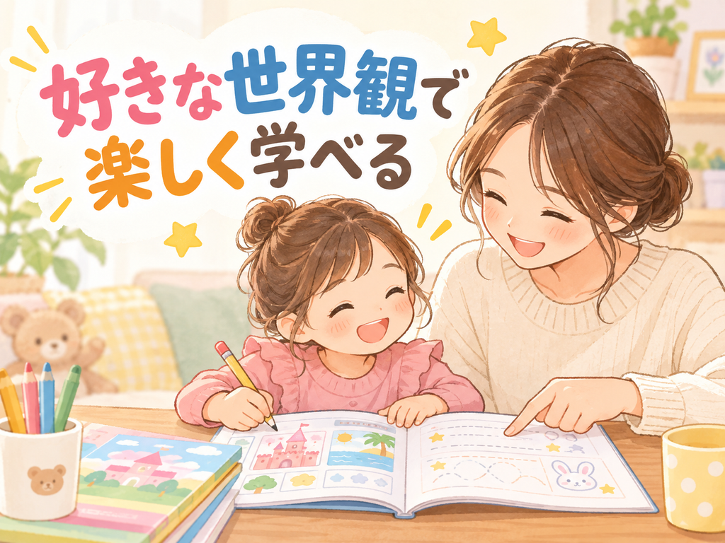 ママと女の子がテーブルで知育ドリルに取り組むイラスト「好きな世界観で楽しく学べる」